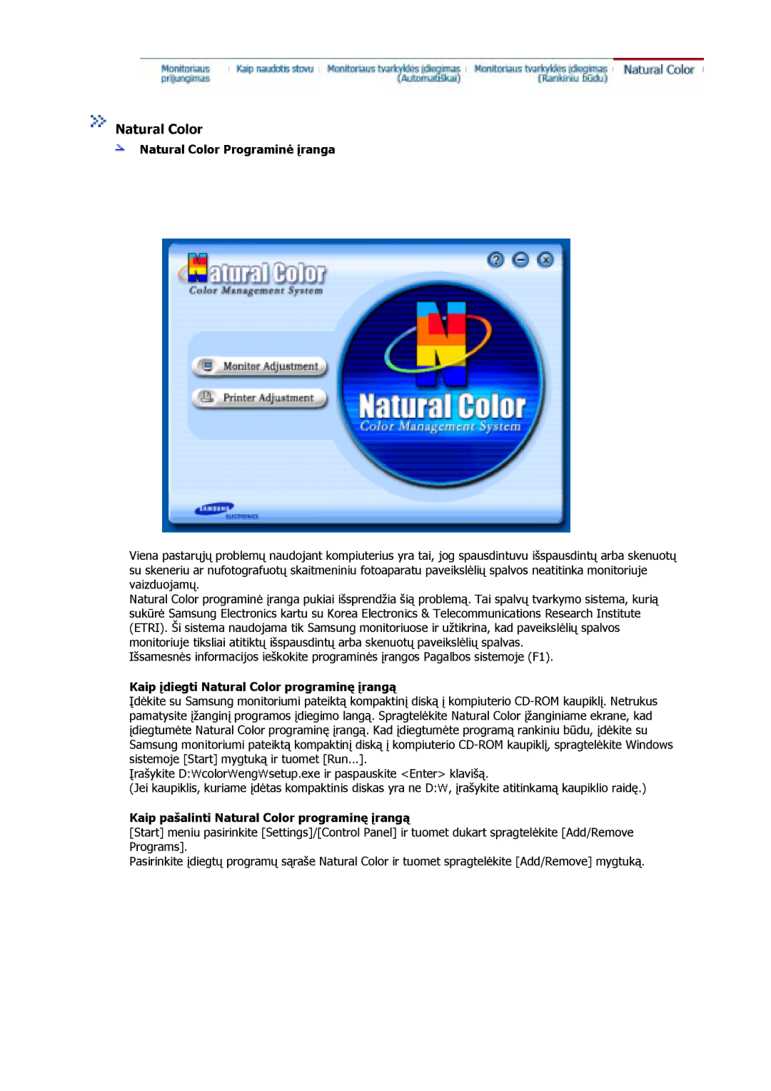 Samsung GS17CSSS/EDC, GS17VSSS/EDC manual Natural Color Programinė įranga, Kaip įdiegti Natural Color programinę įrangą 