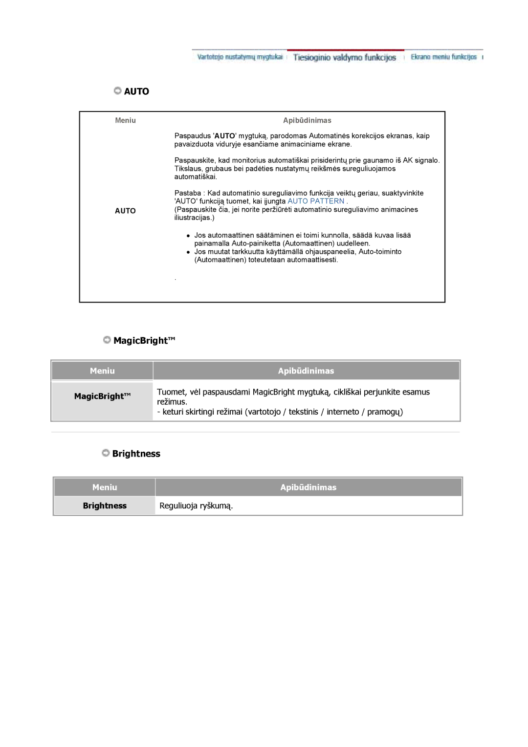 Samsung GS17VSSN/EDC, GS17VSSS/EDC, GS17CSSS/EDC manual MagicBright, Meniu Apibūdinimas Brightness Reguliuoja ryškumą 