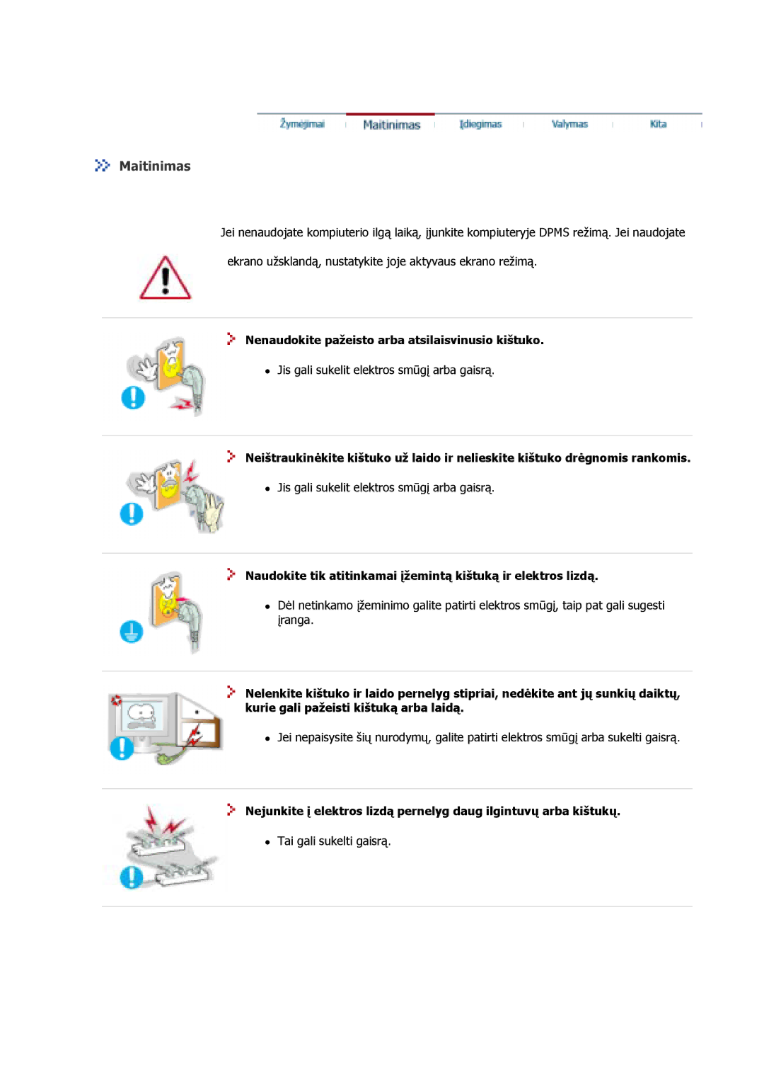 Samsung GS17VSSS/EDC, GS17VSSN/EDC, GS17CSSS/EDC manual Maitinimas, Nenaudokite pažeisto arba atsilaisvinusio kištuko 