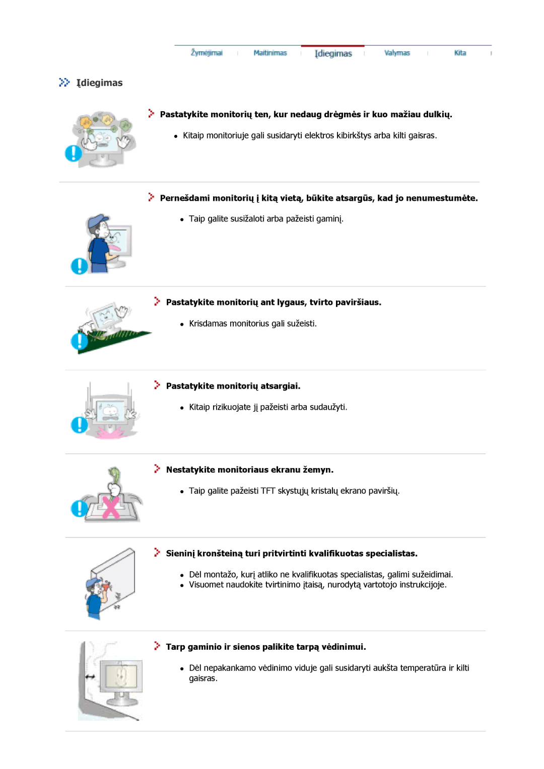 Samsung GS17VSSN/EDC manual Įdiegimas, Pastatykite monitorių ant lygaus, tvirto paviršiaus, Pastatykite monitorių atsargiai 