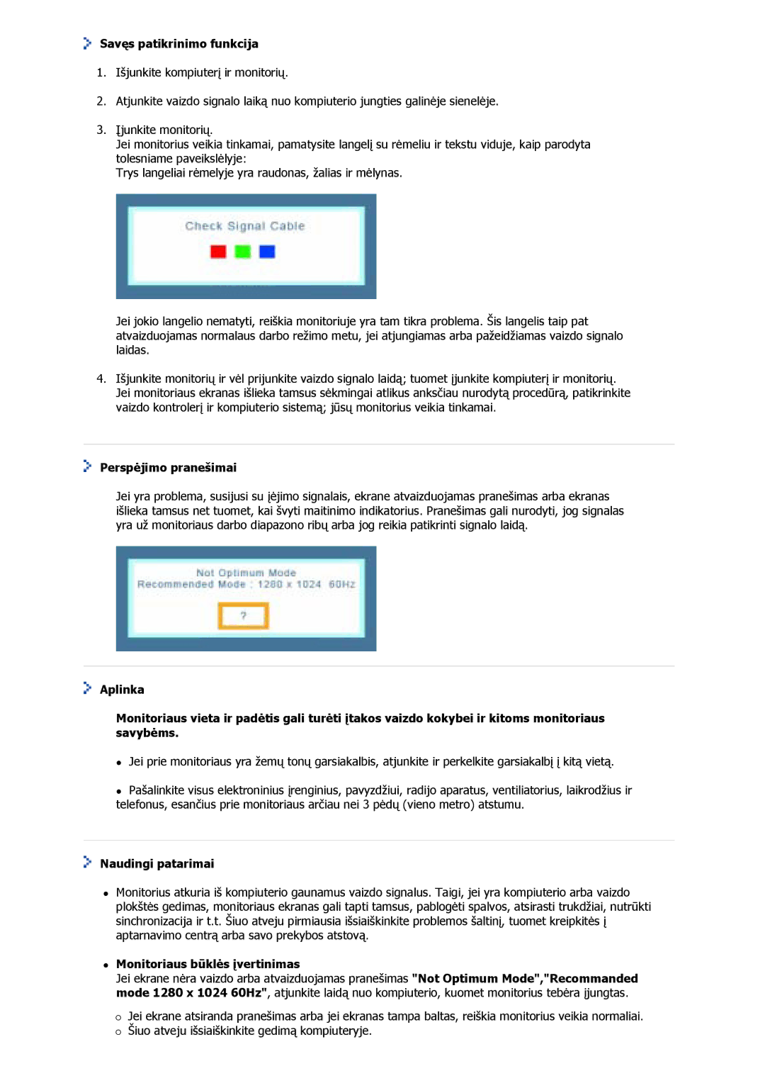 Samsung GS17VSSN/EDC Savęs patikrinimo funkcija, Perspėjimo pranešimai, Naudingi patarimai, Monitoriaus būklės įvertinimas 