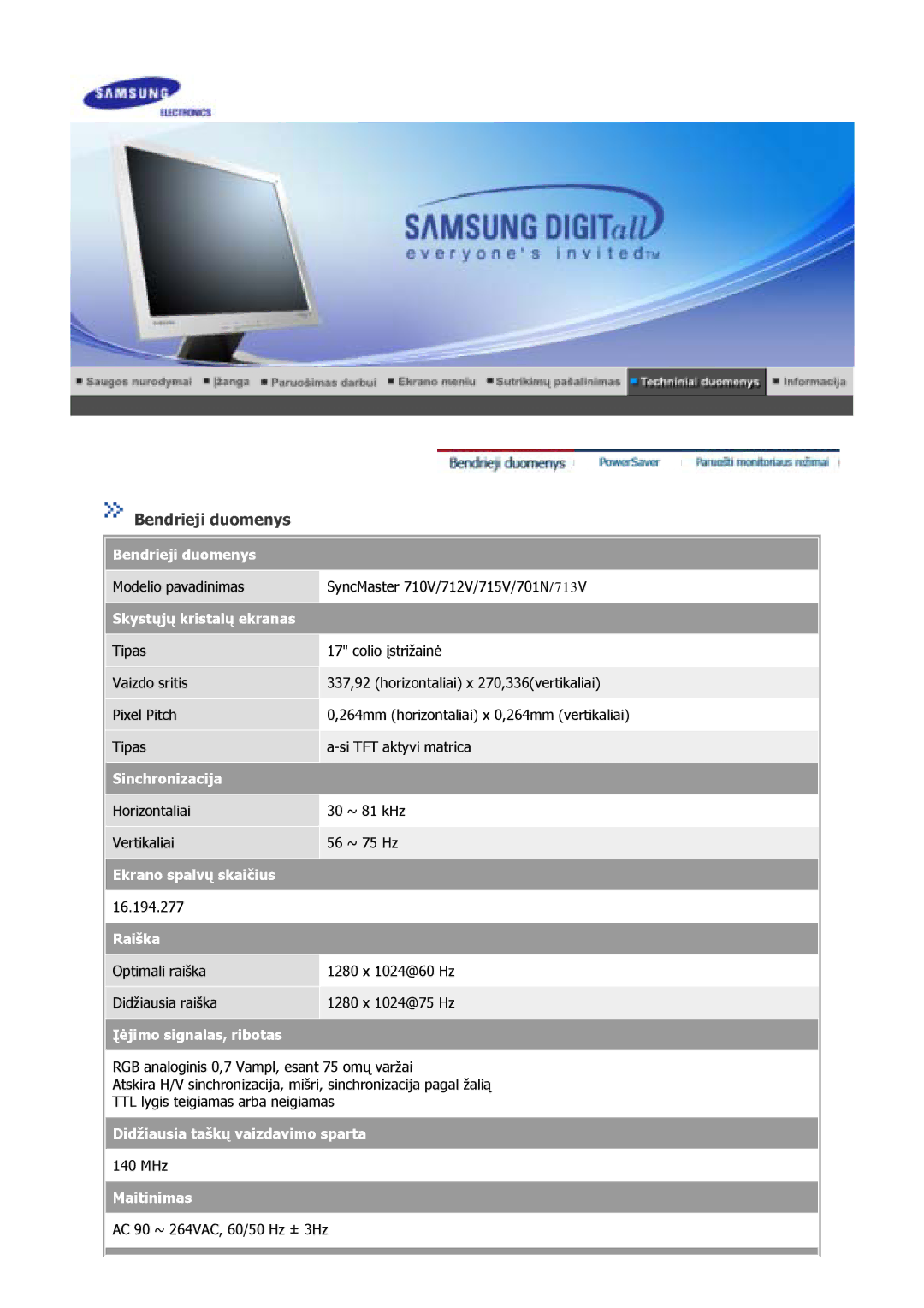 Samsung GS17CSSS/EDC, GS17VSSS/EDC, GS17VSSN/EDC manual Bendrieji duomenys 