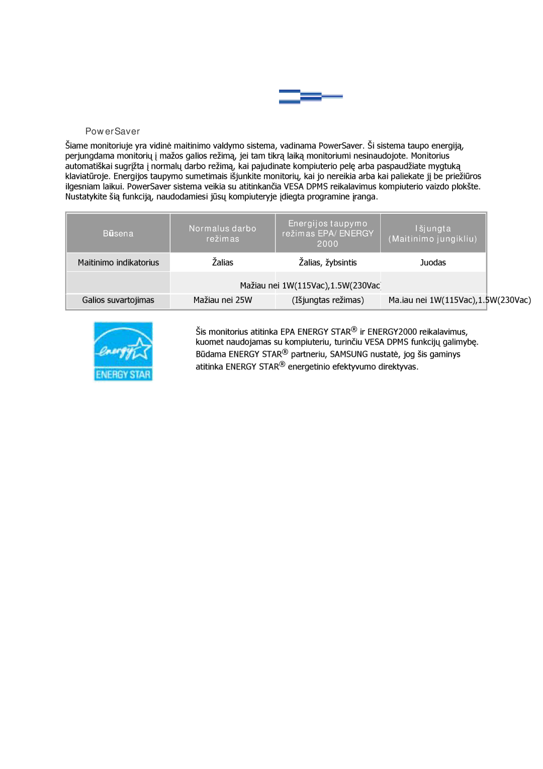 Samsung GS17VSSS/EDC, GS17VSSN/EDC, GS17CSSS/EDC manual Maitinimo indikatorius Žalias Žalias, žybsintis Juodas 