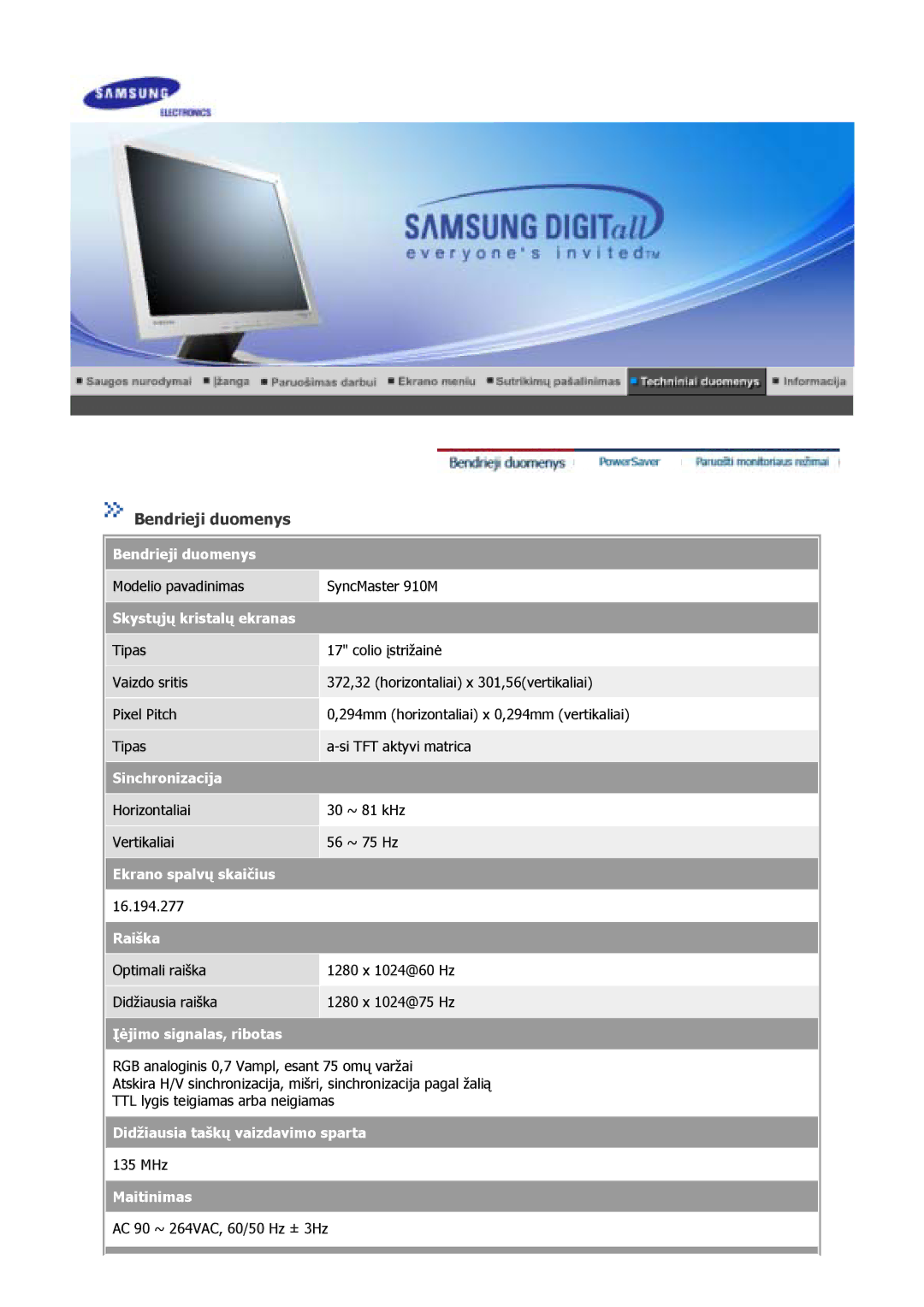 Samsung GS17VSSS/EDC, GS17VSSN/EDC, GS17CSSS/EDC manual Modelio pavadinimas SyncMaster 910M 