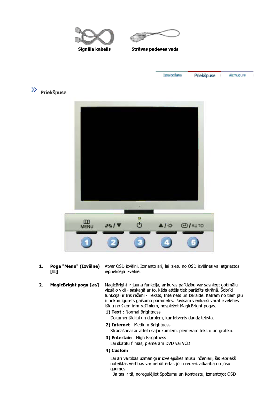 Samsung GS17VSSN/EDC, GS17VSSS/EDC manual Priekšpuse, Signāla kabelis Strāvas padeves vads, Iepriekšējā izvēlnē, Custom 