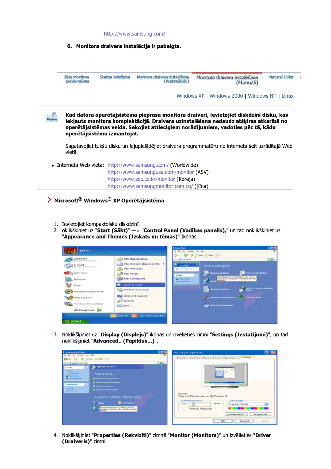 Samsung GS17VSSN/EDC, GS17VSSS/EDC manual Monitora draivera instalācija ir pabeigta, Microsoft Windows XP Operētājsistēma 