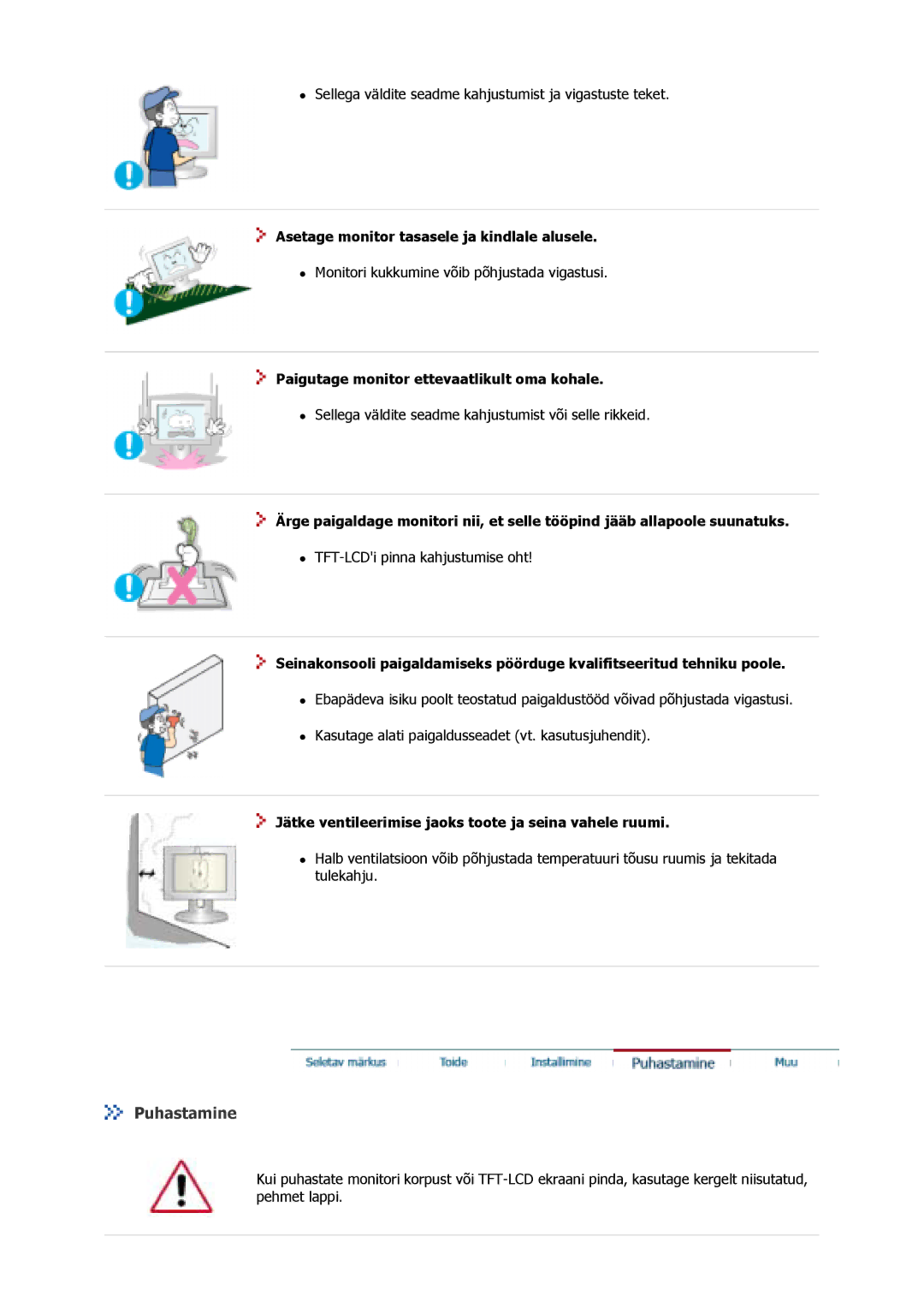 Samsung GS17VSSN/EDC, GS17VSSS/EDC, GS17CSSS/EDC manual Puhastamine, Asetage monitor tasasele ja kindlale alusele 