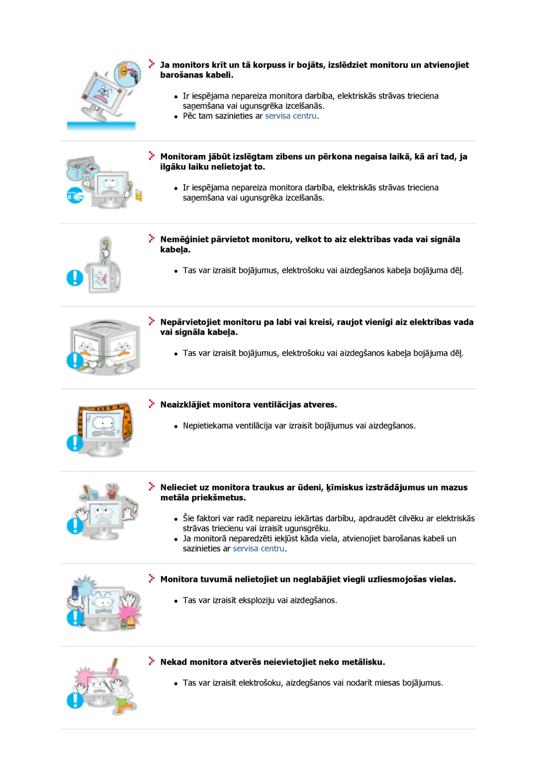 Samsung GS17VSSS/EDC manual Neaizklājiet monitora ventilācijas atveres, Nekad monitora atverēs neievietojiet neko metālisku 