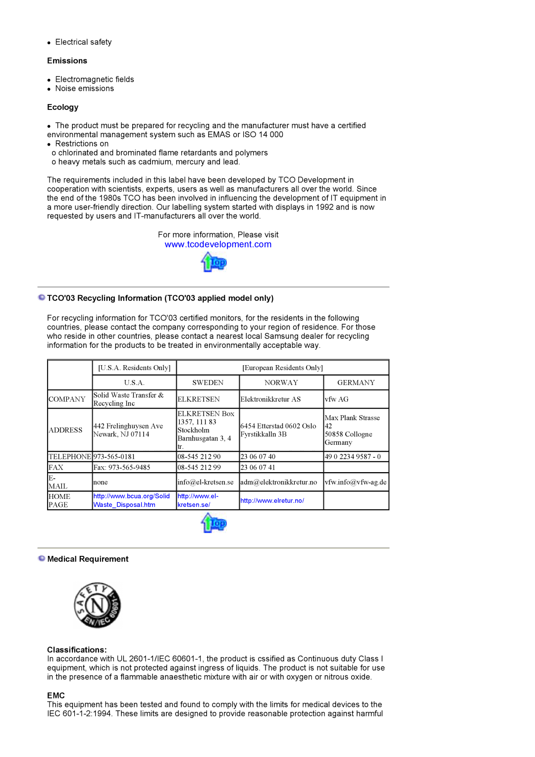 Samsung GS17CSSS/EDC, GS17VSSS/EDC, GS17VSSN/EDC Emissions, Ecology, TCO03 Recycling Information TCO03 applied model only 