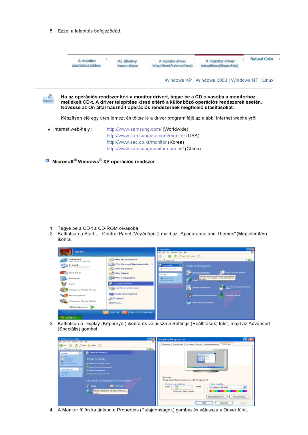 Samsung GS17VSSS/EDC, GS17VSSN/EDC, GS17CSSS/EDC manual Microsoft Windows XP operációs rendszer 