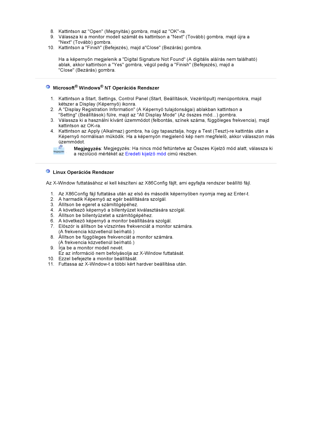 Samsung GS17VSSS/EDC, GS17VSSN/EDC, GS17CSSS/EDC manual Microsoft Windows NT Operációs Rendszer, Linux Operációs Rendszer 