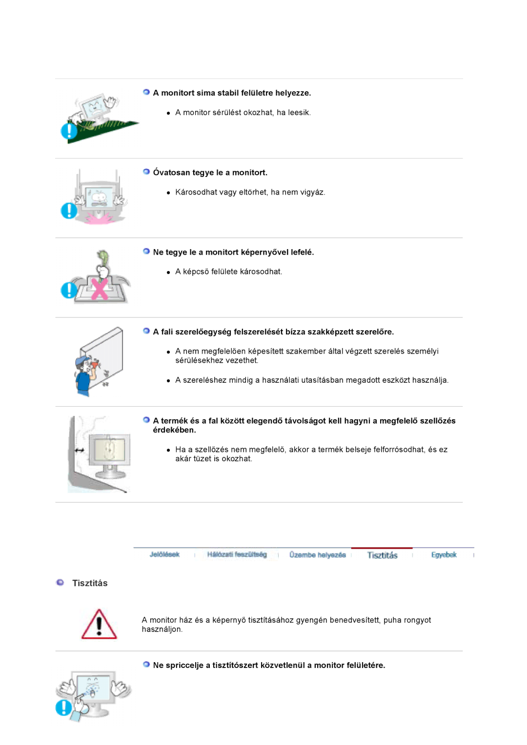 Samsung GS17VSSN/EDC, GS17VSSS/EDC manual Tisztitás, Monitort sima stabil felületre helyezze, Óvatosan tegye le a monitort 