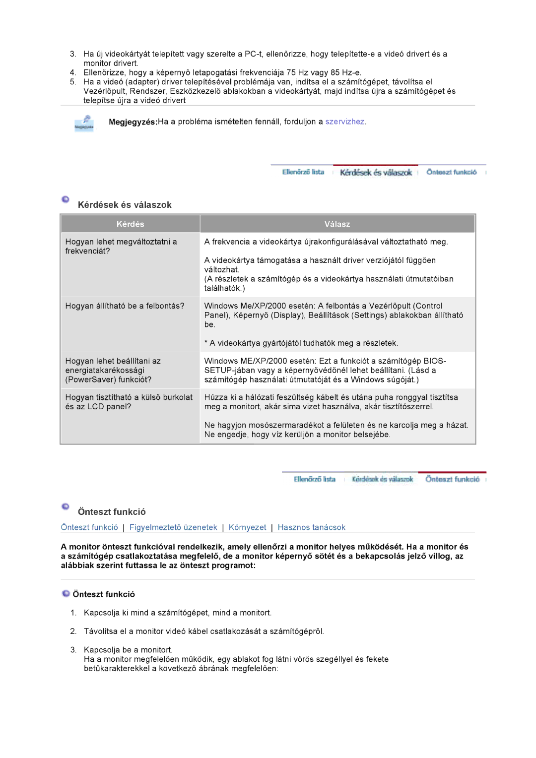 Samsung GS17CSSS/EDC, GS17VSSS/EDC, GS17VSSN/EDC manual Kérdések és válaszok, Önteszt funkció, Válasz 