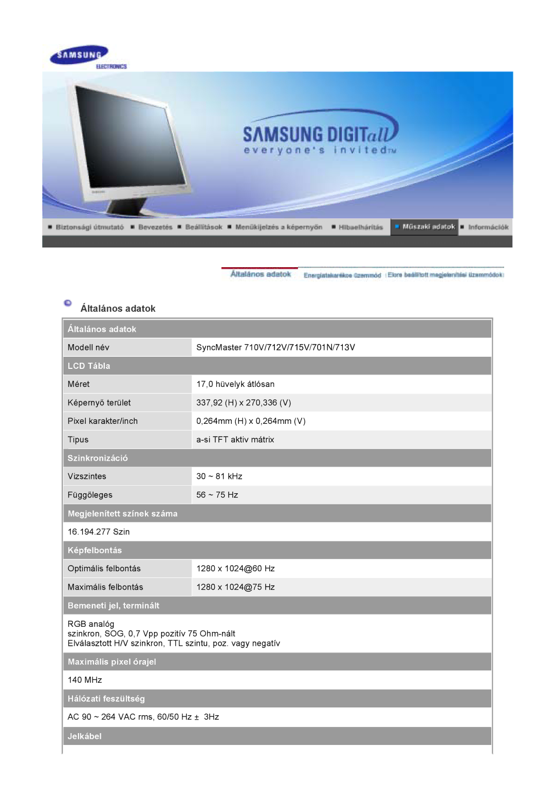 Samsung GS17VSSN/EDC, GS17VSSS/EDC, GS17CSSS/EDC manual Általános adatok 