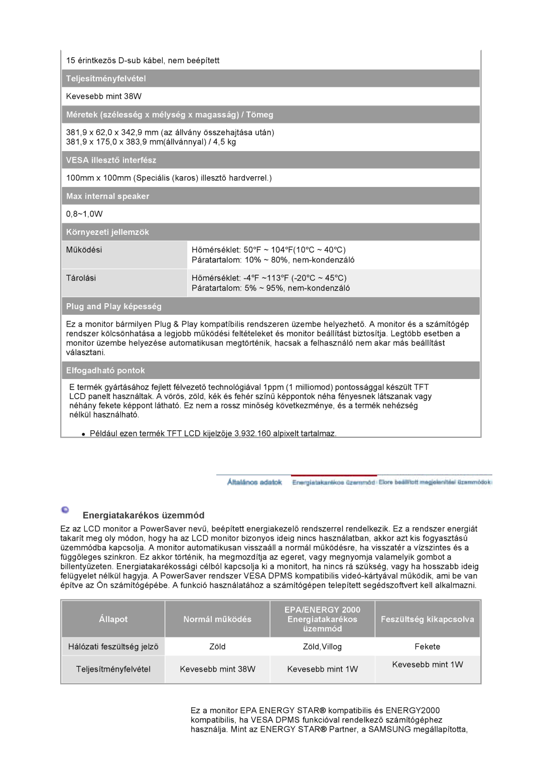 Samsung GS17CSSS/EDC, GS17VSSS/EDC, GS17VSSN/EDC manual Energiatakarékos üzemmód 