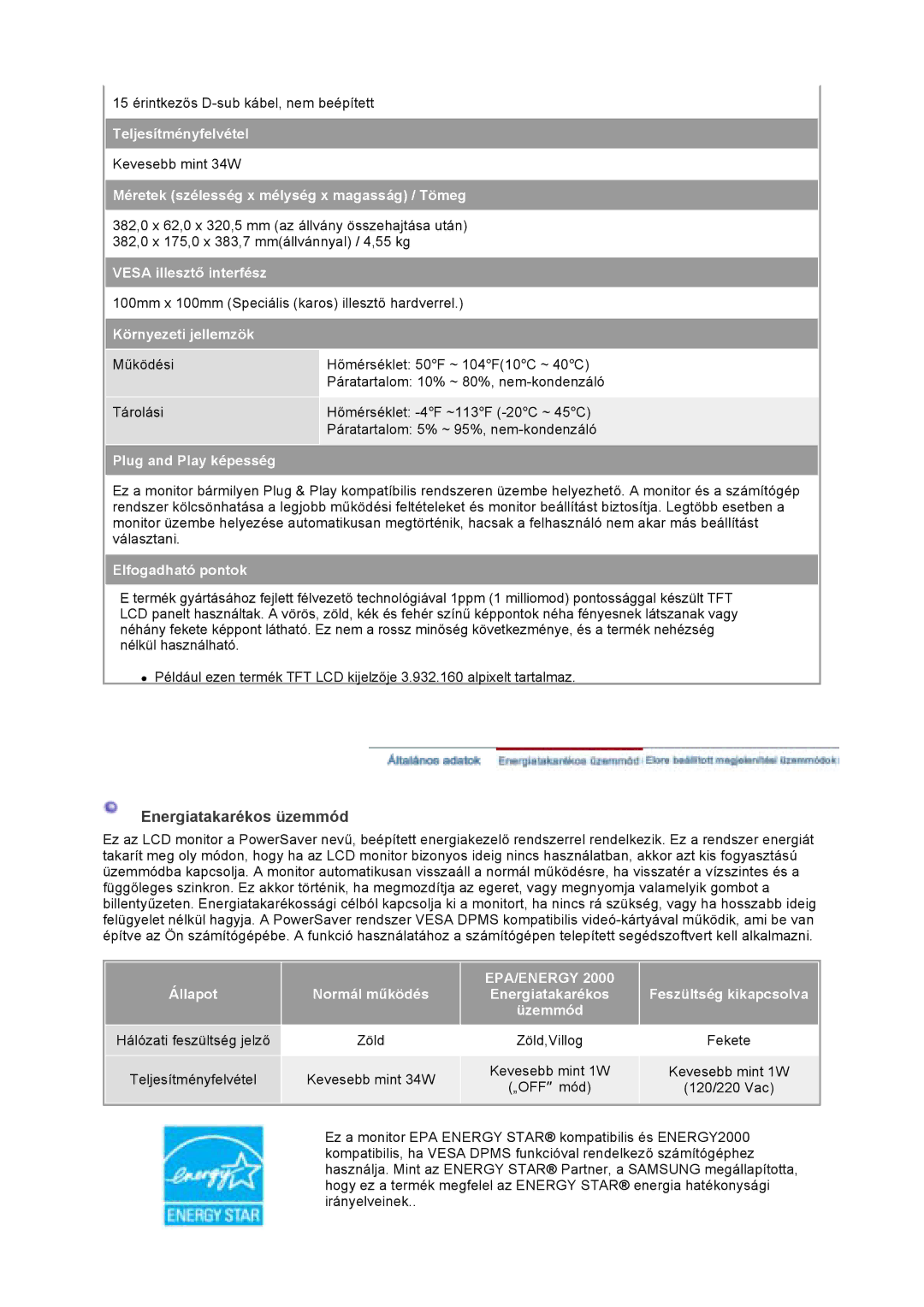 Samsung GS17VSSN/EDC, GS17VSSS/EDC, GS17CSSS/EDC manual Energiatakarékos üzemmód 