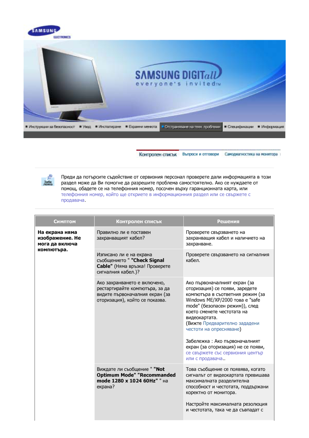 Samsung GS17VSSS/EDC manual Симптом Контролен списък, Решения 