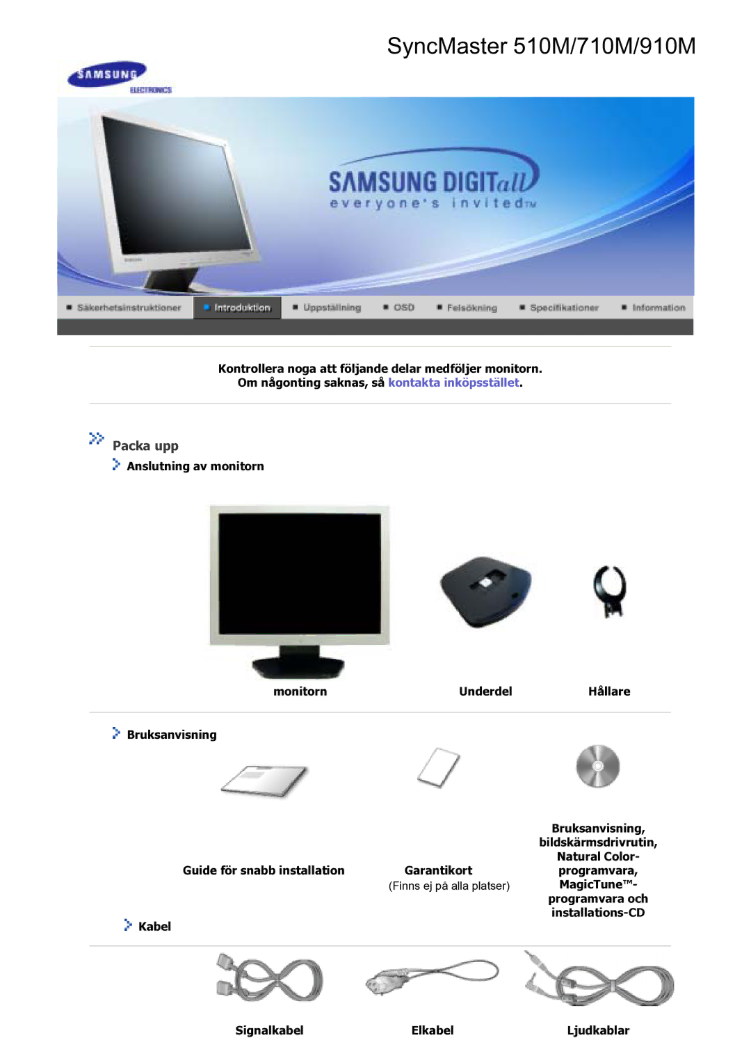 Samsung GS17VSSS/EDC manual SyncMaster 510M/710M/910M, Kabel Signalkabel Elkabel Ljudkablar 