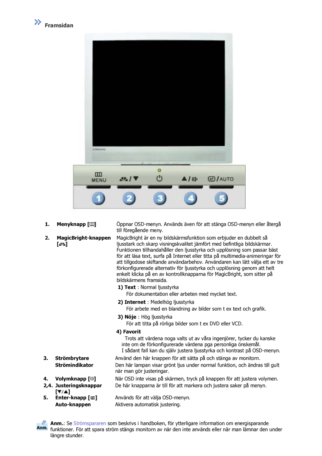 Samsung GS17VSSS/EDC manual Volymknapp, Auto-knappen Aktivera automatisk justering 