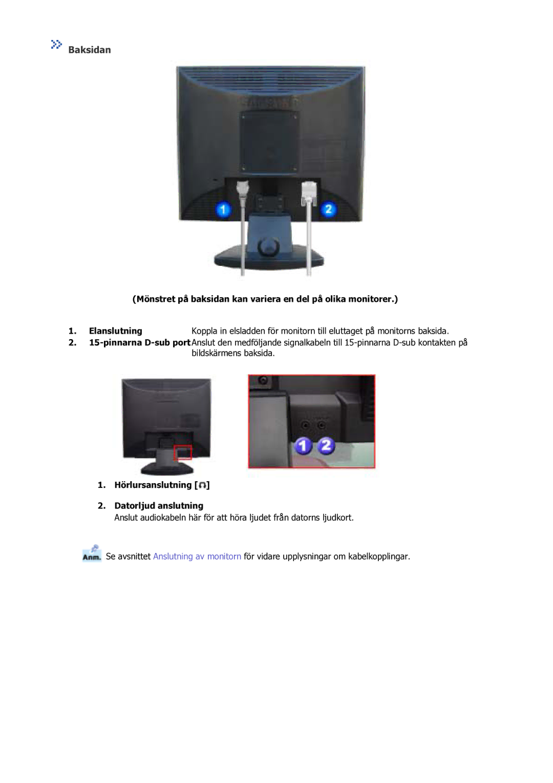 Samsung GS17VSSS/EDC manual Baksidan, Hörlursanslutning Datorljud anslutning 