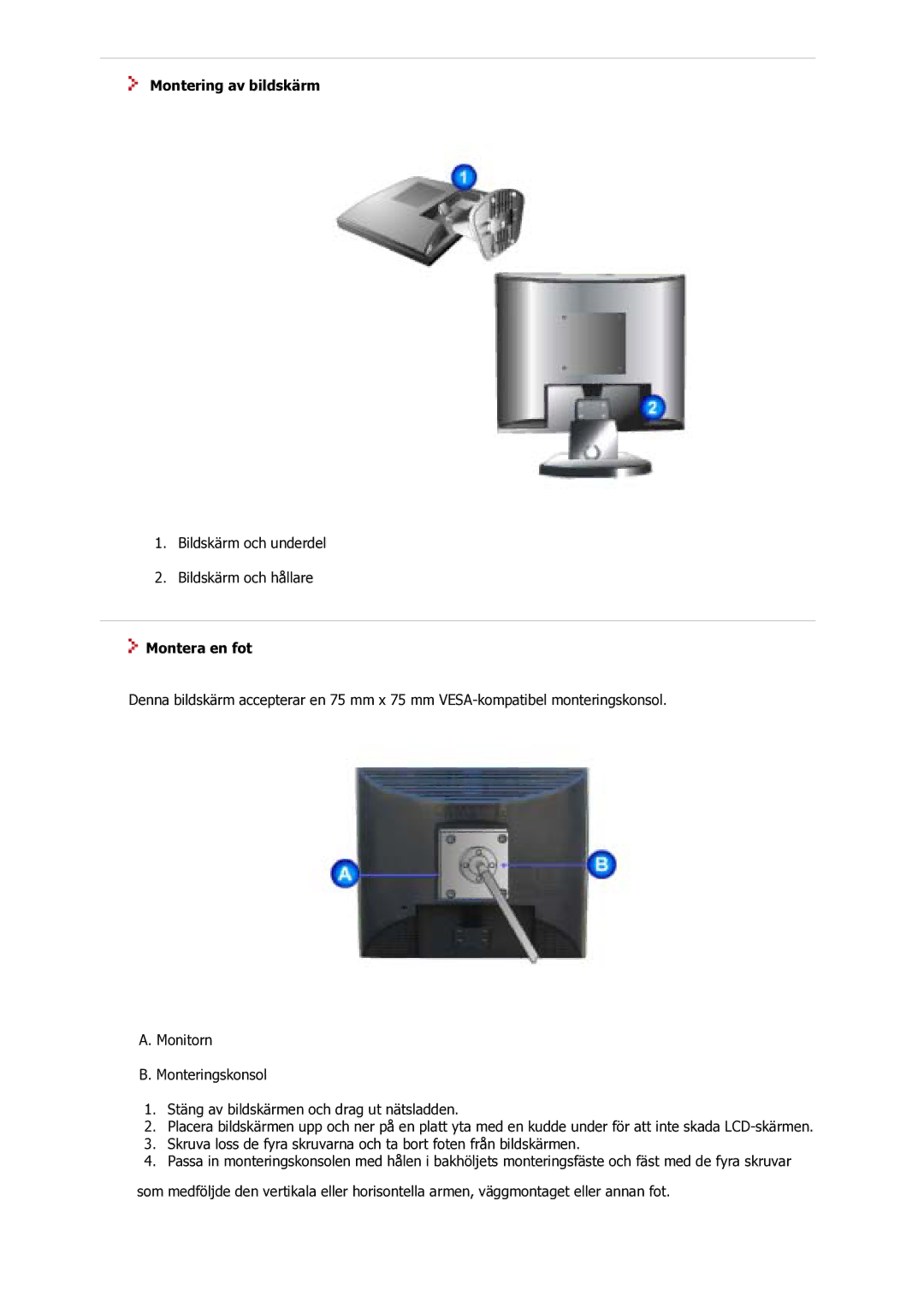 Samsung GS17VSSS/EDC manual Montering av bildskärm, Montera en fot 