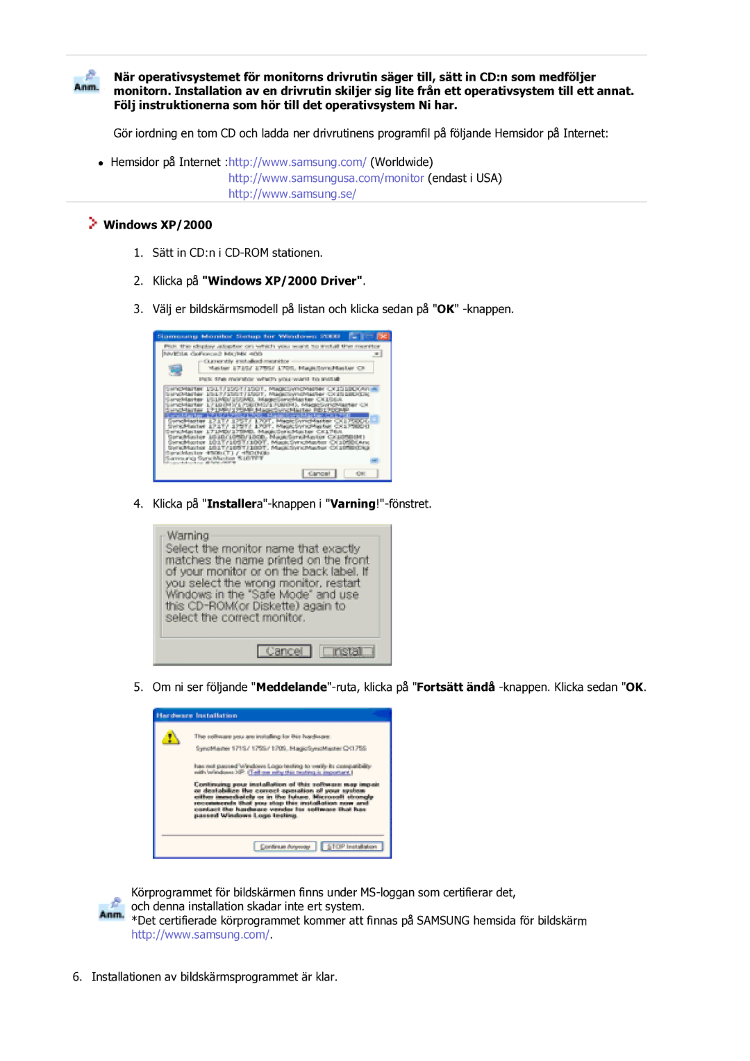 Samsung GS17VSSS/EDC manual Klicka på Windows XP/2000 Driver 