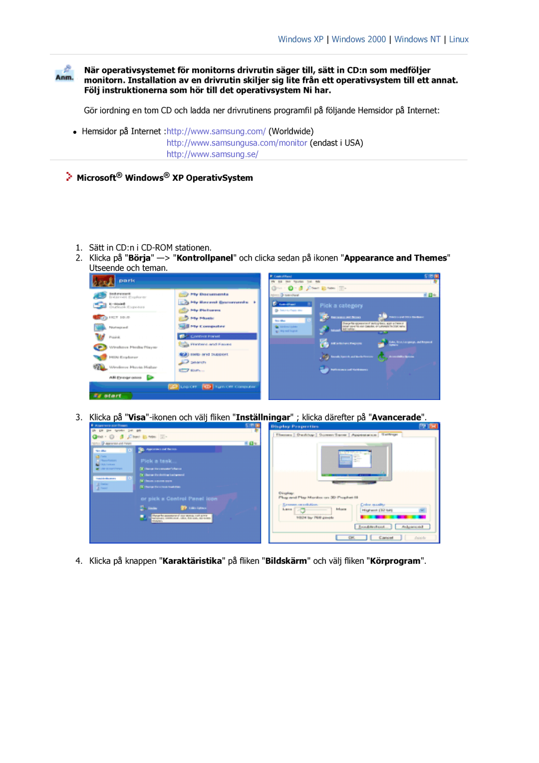 Samsung GS17VSSS/EDC manual Microsoft Windows XP OperativSystem 