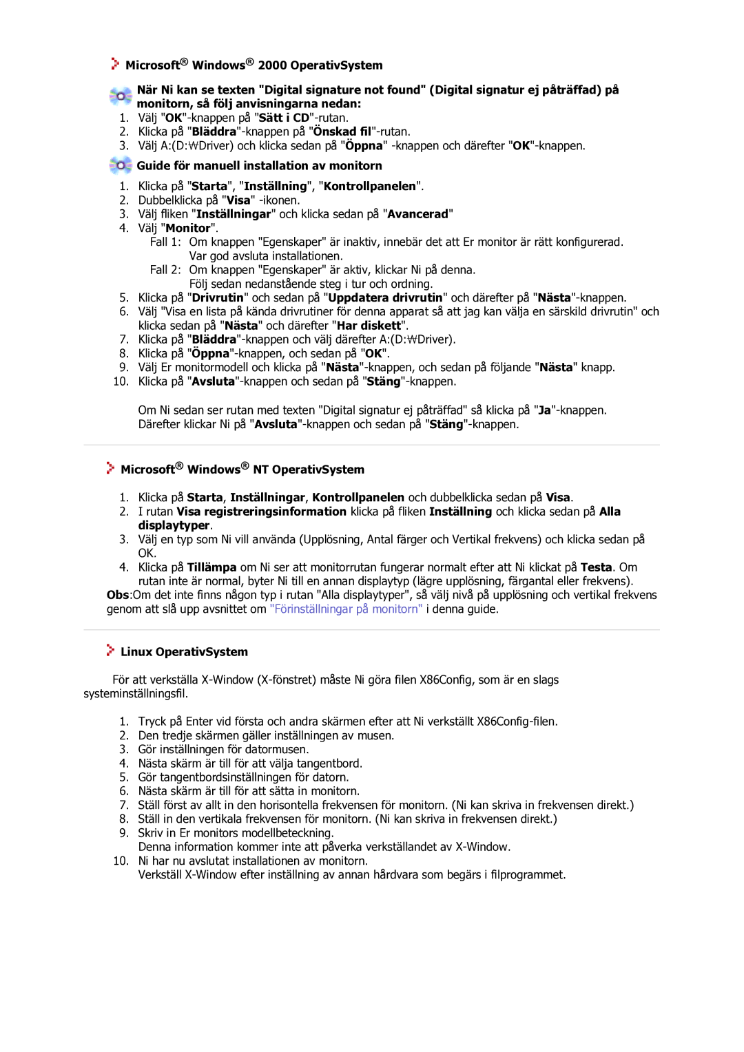 Samsung GS17VSSS/EDC manual Microsoft Windows NT OperativSystem, Linux OperativSystem 