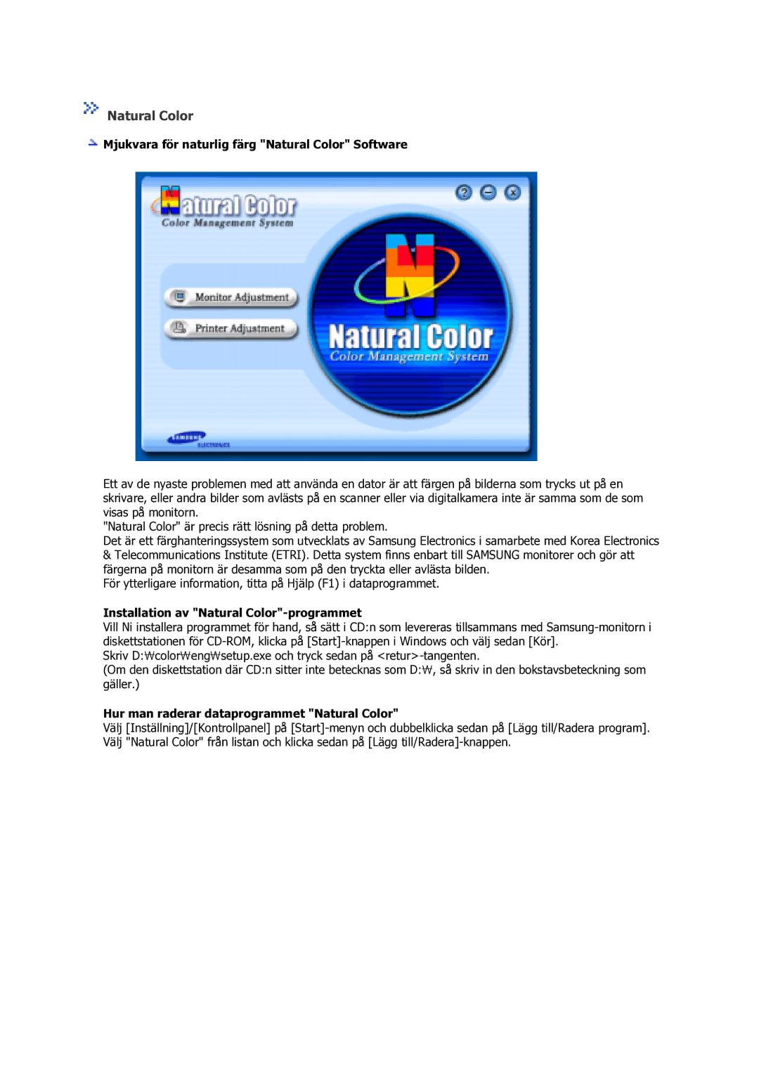 Samsung GS17VSSS/EDC manual Mjukvara för naturlig färg Natural Color Software, Installation av Natural Color-programmet 