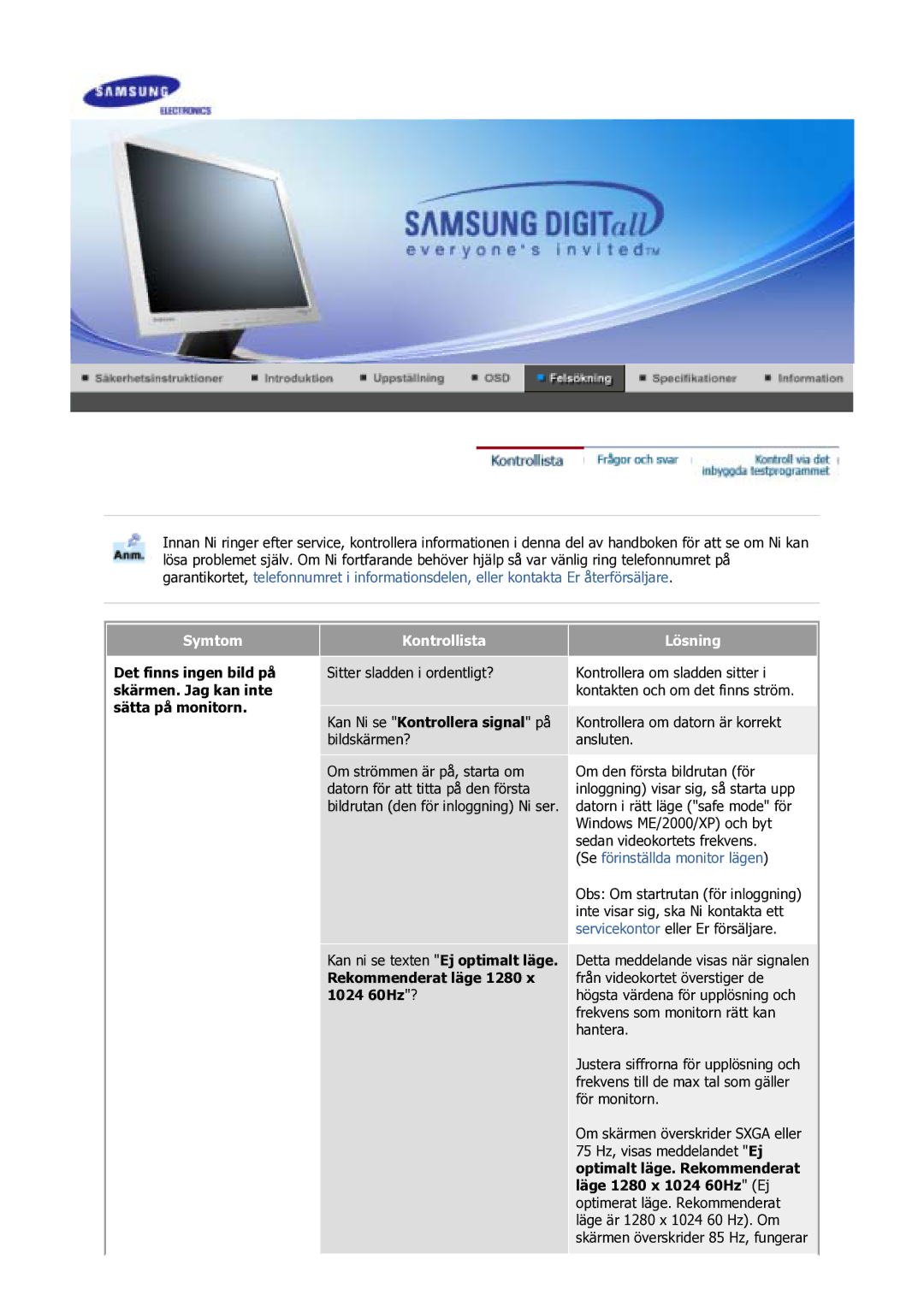 Samsung GS17VSSS/EDC manual Symtom, Kontrollista, Kan Ni se Kontrollera signal på bildskärmen?, Lösning 