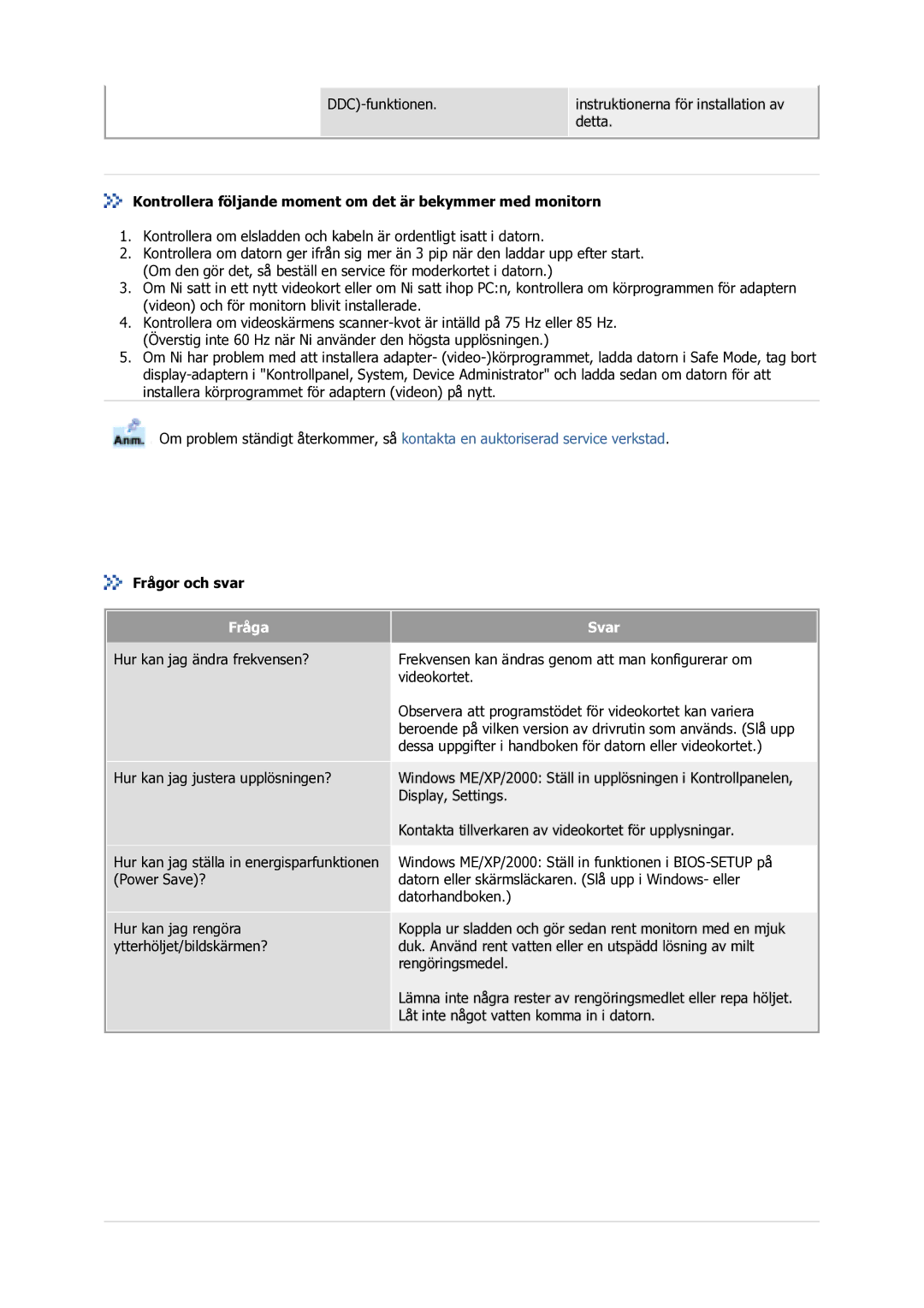 Samsung GS17VSSS/EDC manual Kontrollera följande moment om det är bekymmer med monitorn, Frågor och svar, Fråga, Svar 