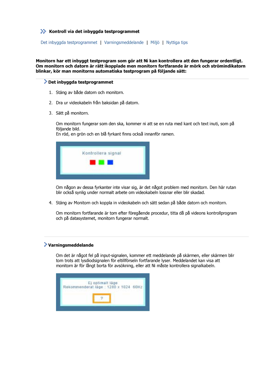 Samsung GS17VSSS/EDC manual Kontroll via det inbyggda testprogrammet, Varningsmeddelande 