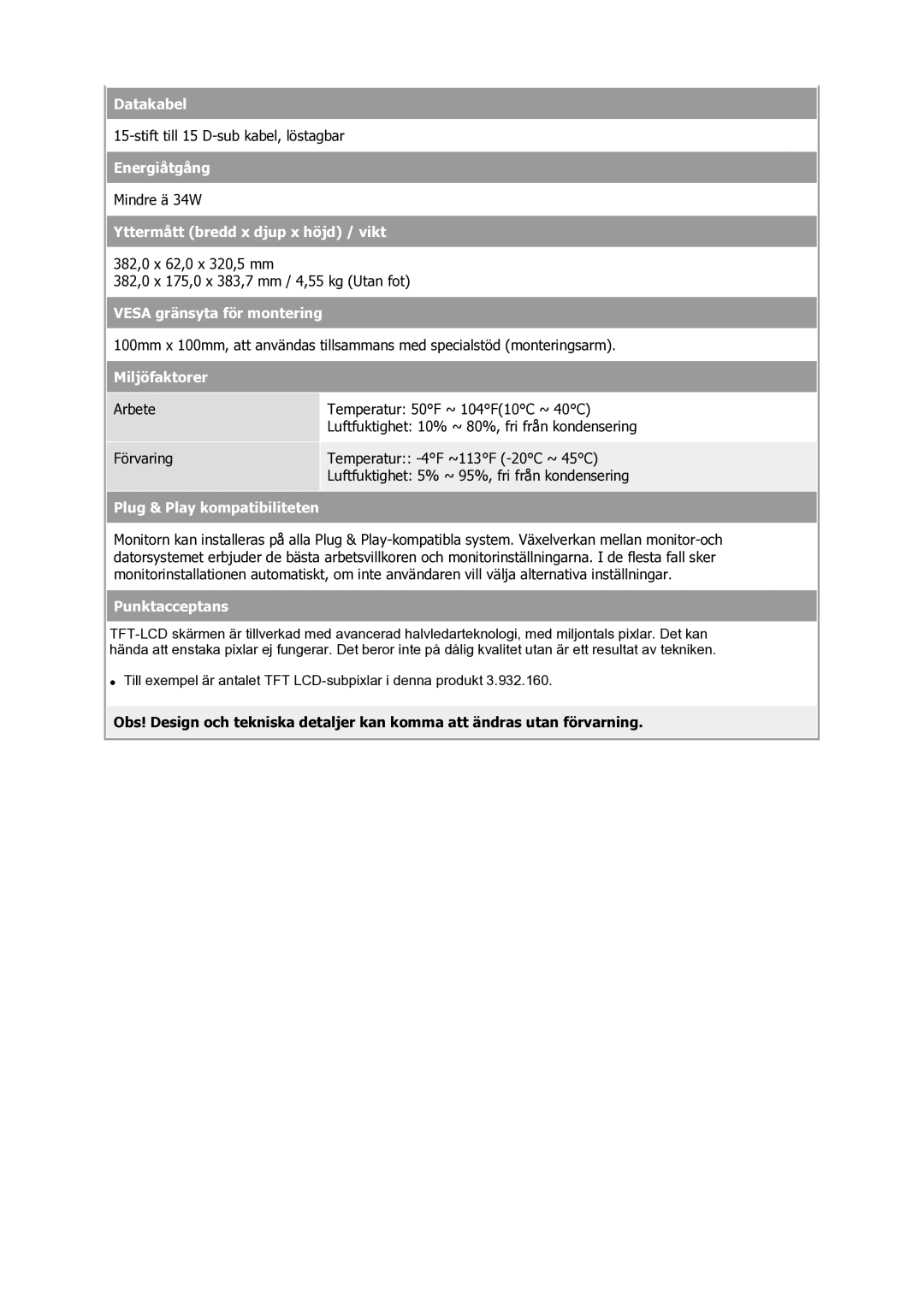 Samsung GS17VSSS/EDC manual Datakabel, Energiåtgång, Yttermått bredd x djup x höjd / vikt, Vesa gränsyta för montering 