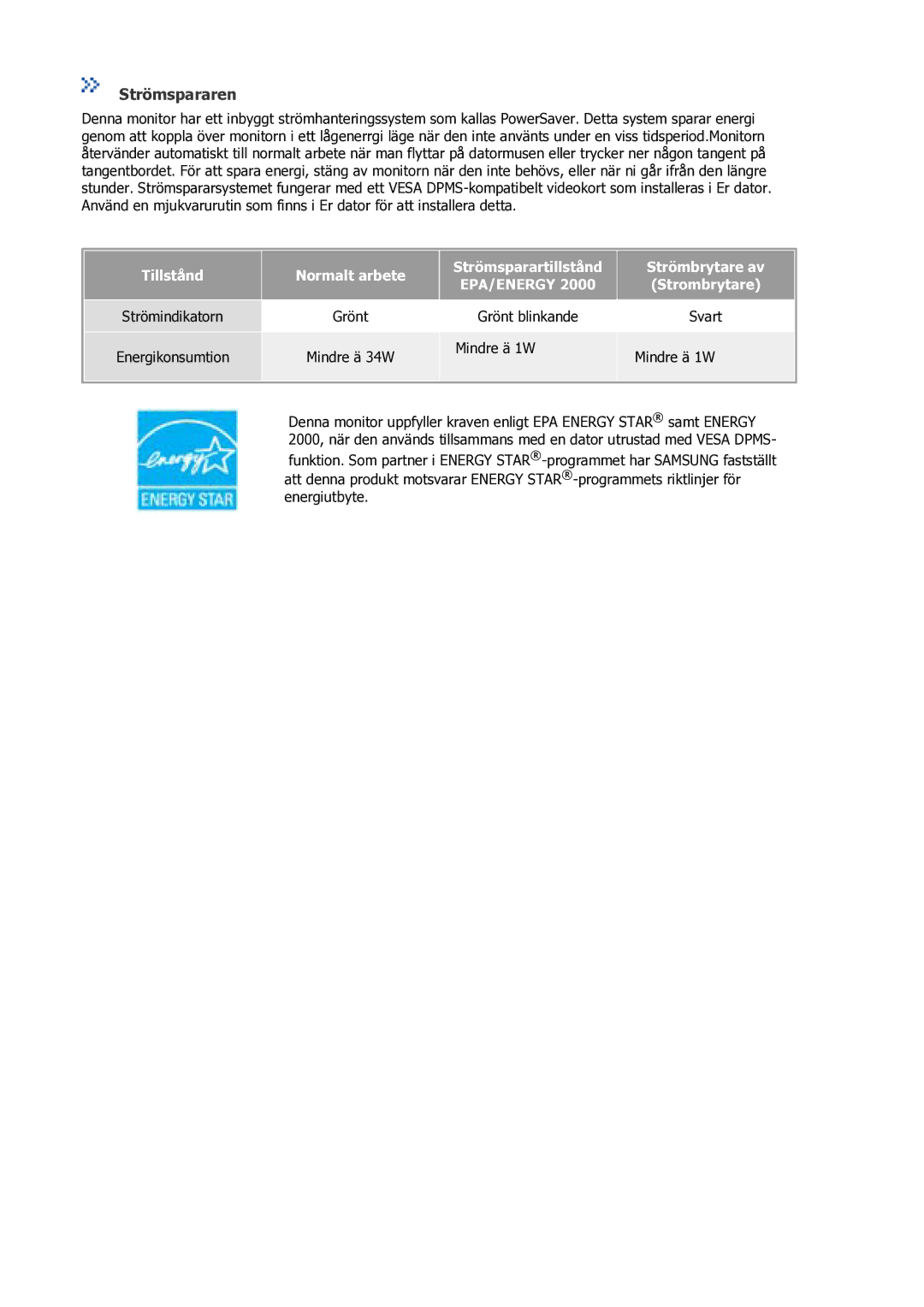 Samsung GS17VSSS/EDC manual Strömspararen, Strombrytare 