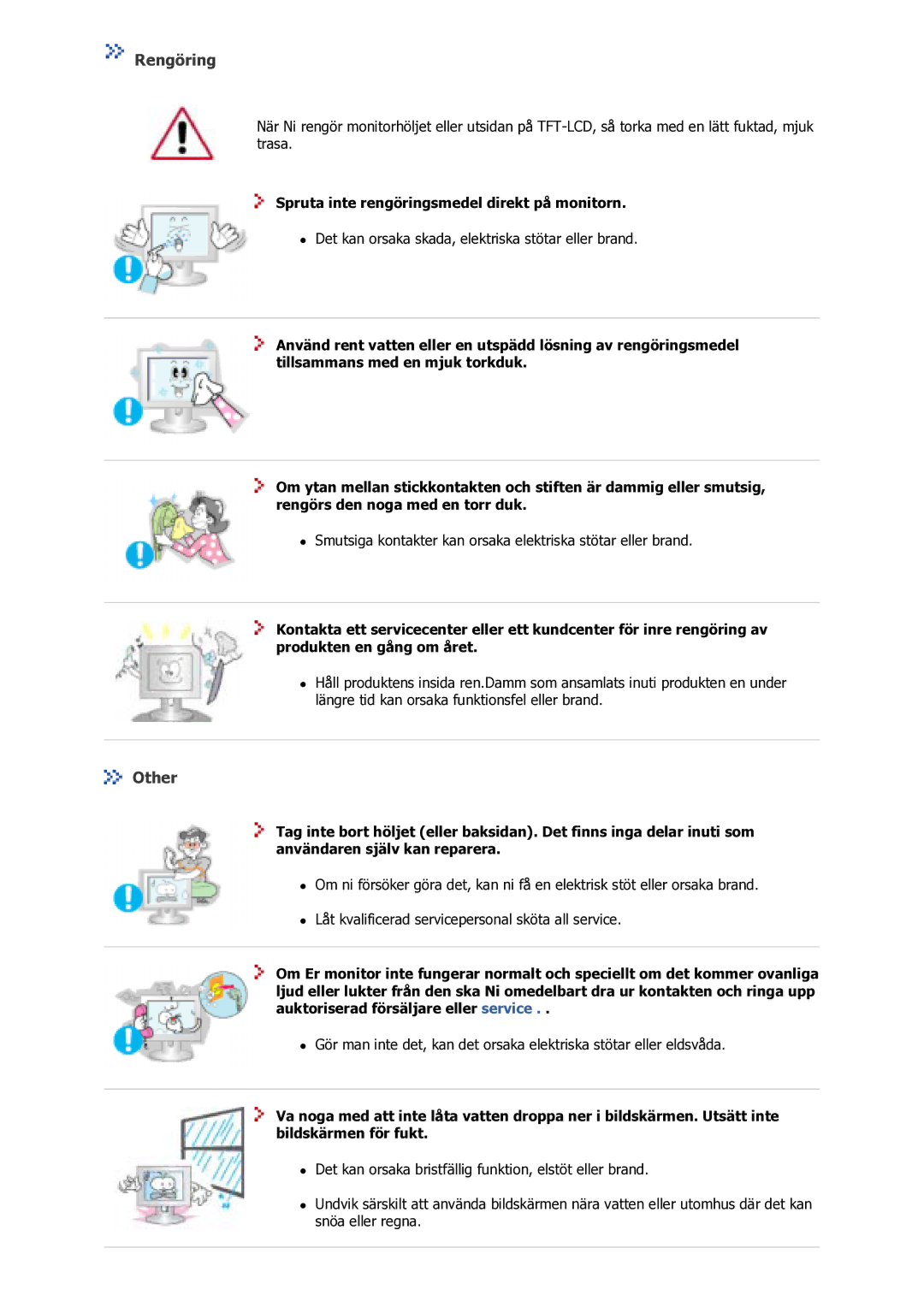 Samsung GS17VSSS/EDC manual Rengöring, Other, Spruta inte rengöringsmedel direkt på monitorn 