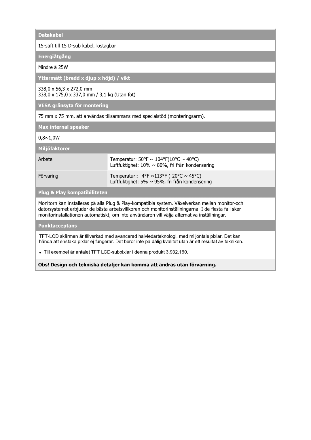 Samsung GS17VSSS/EDC manual Datakabel, Max internal speaker 0,8~1,0W Miljöfaktorer 