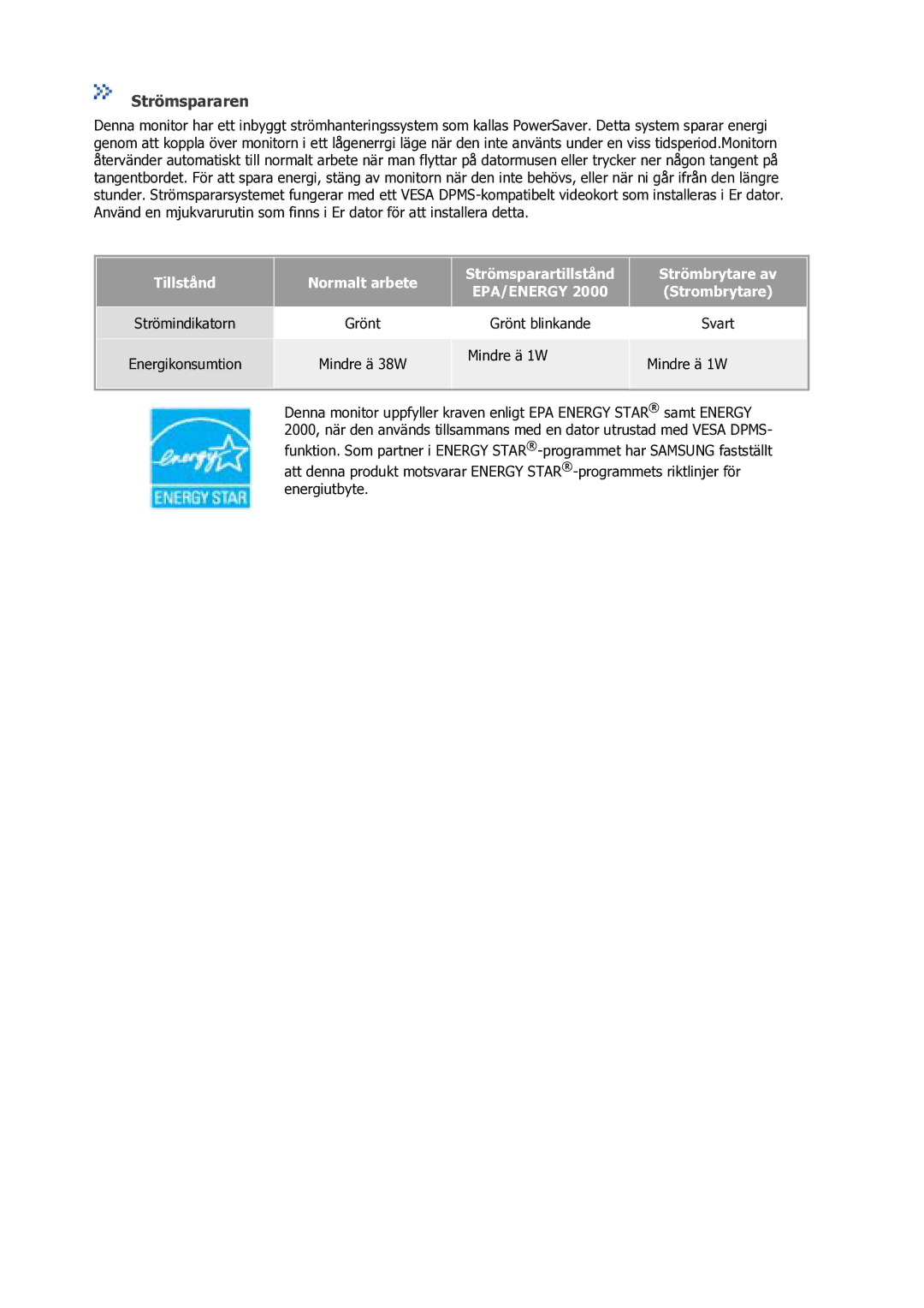 Samsung GS17VSSS/EDC manual Strömspararen 