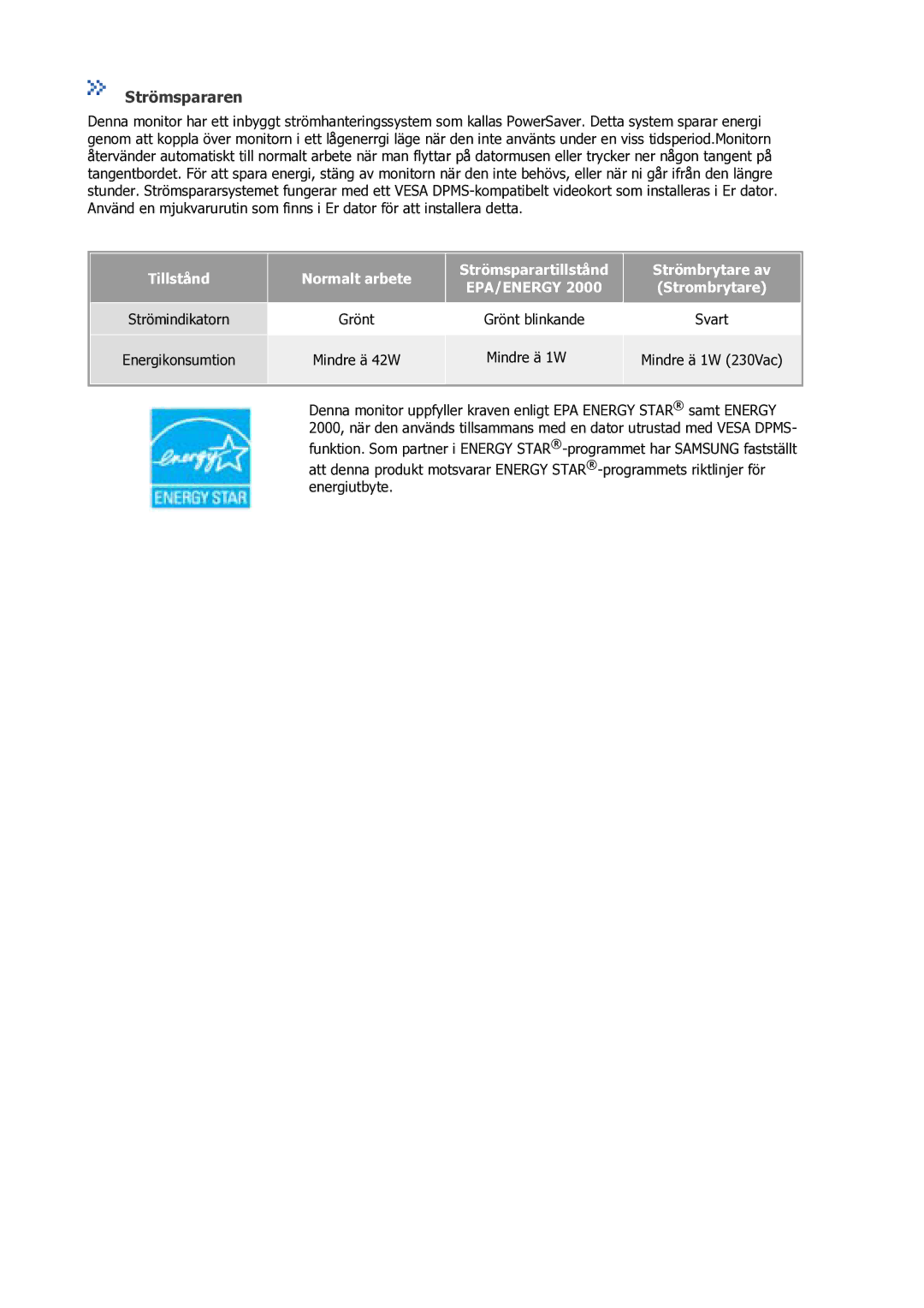 Samsung GS17VSSS/EDC manual Strömspararen, Strömindikatorn 