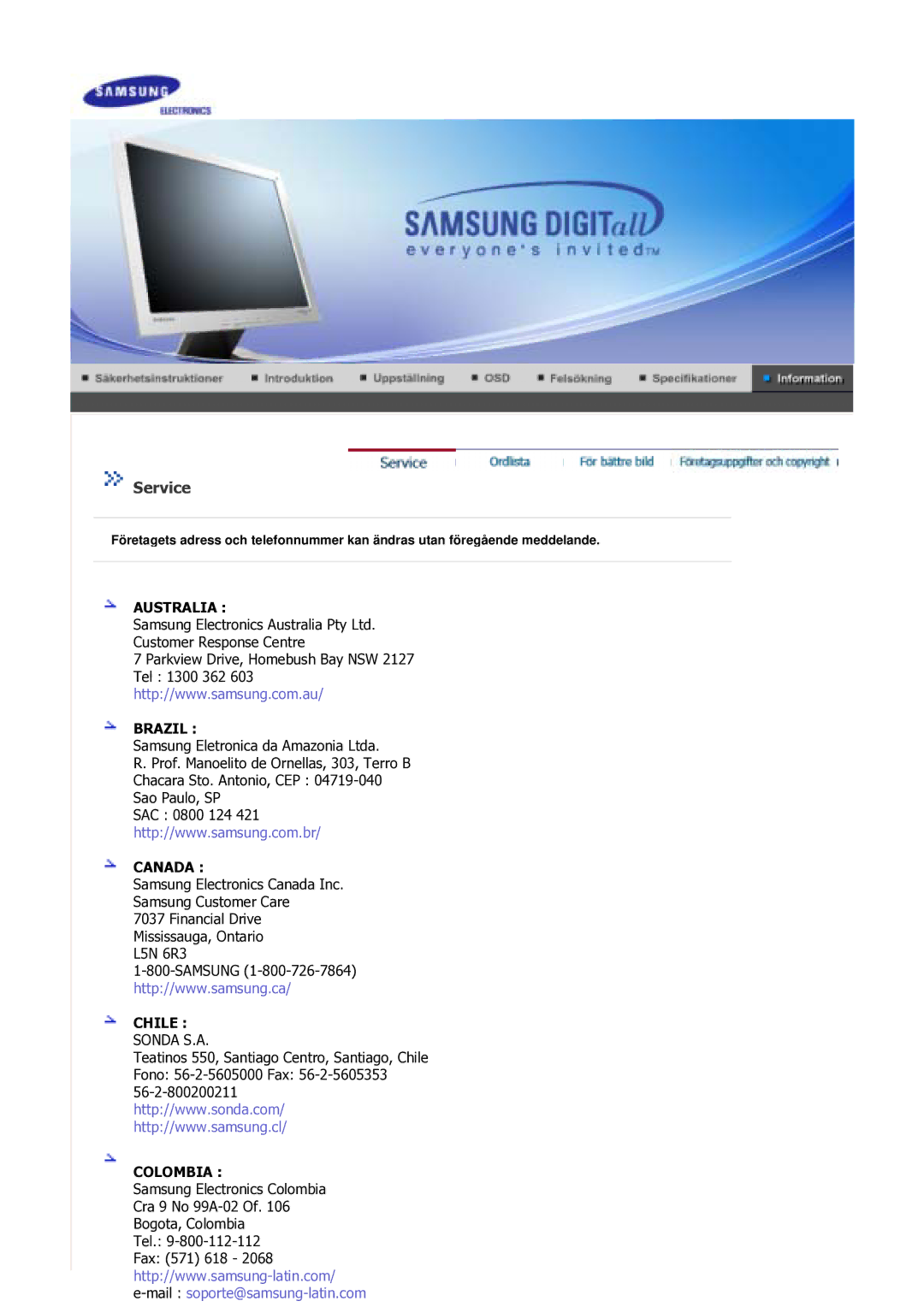 Samsung GS17VSSS/EDC manual Service, Australia Brazil 