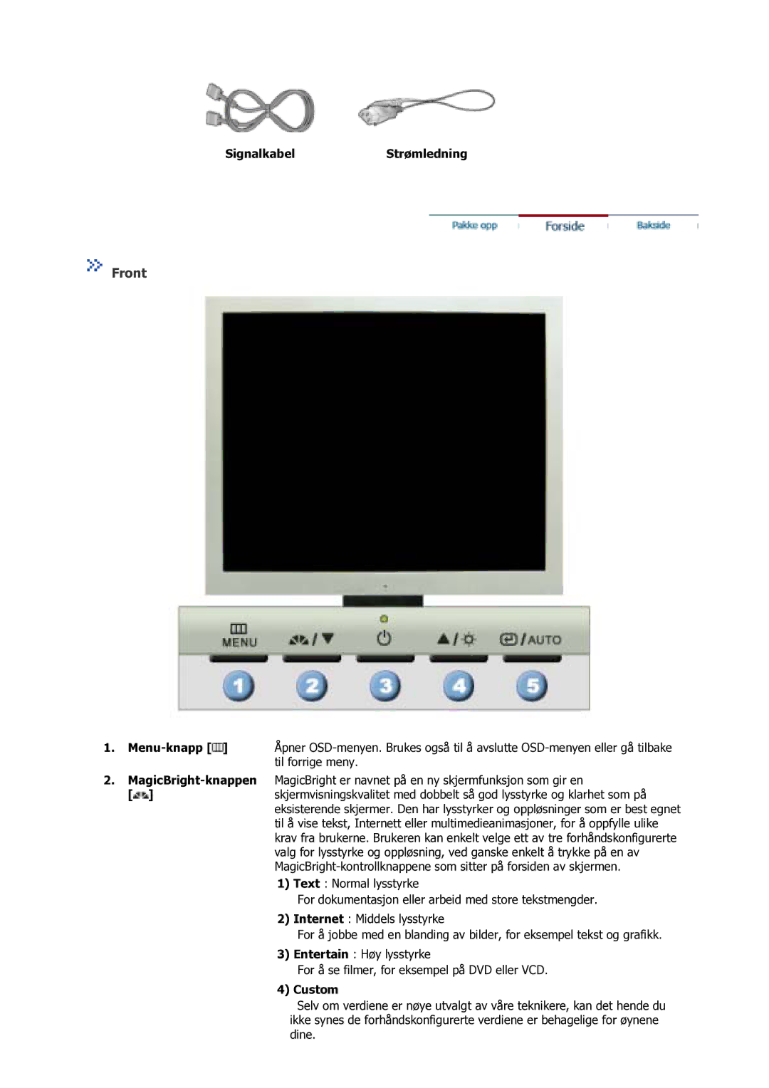 Samsung GS17VSSS/EDC manual Front, SignalkabelStrømledning, Custom 