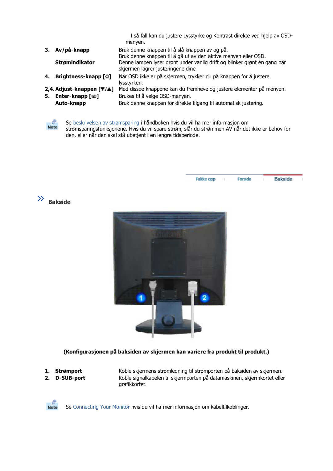 Samsung GS17VSSS/EDC manual Bakside, Av/på-knapp, Strømindikator, Adjust-knappen, SUB-port 