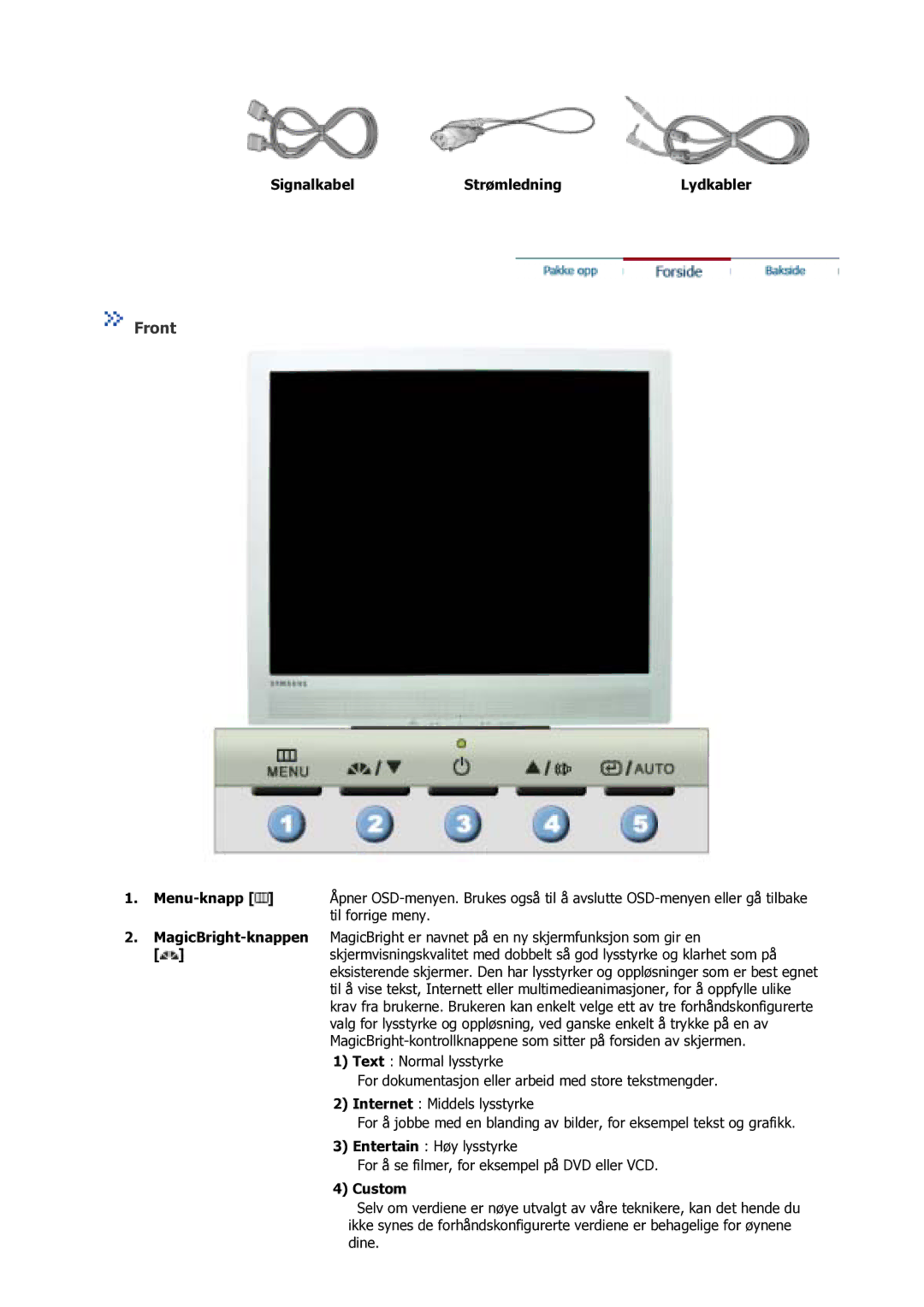 Samsung GS17VSSS/EDC manual Front, Signalkabel Strømledning Lydkabler 