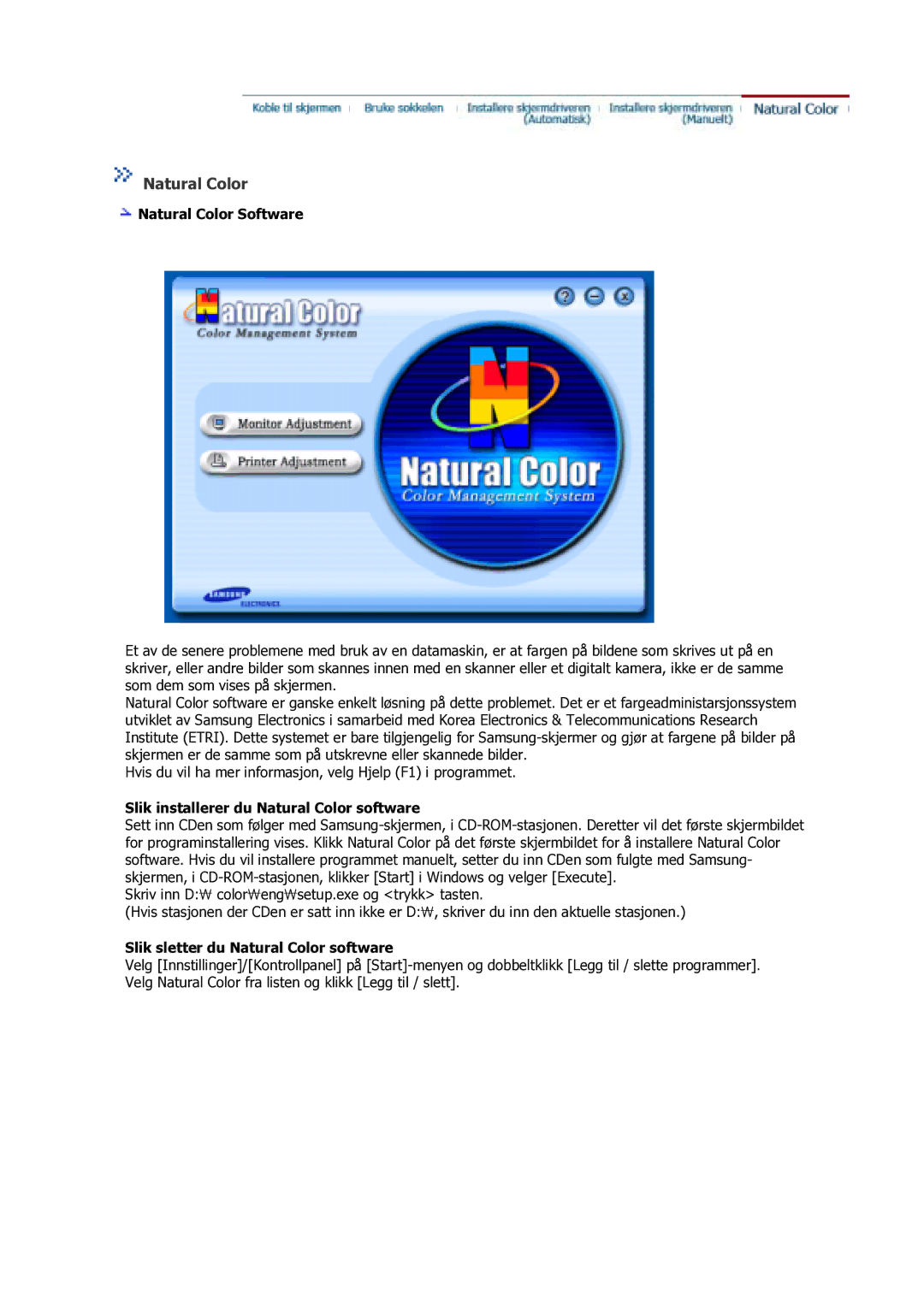 Samsung GS17VSSS/EDC manual Natural Color Software, Slik installerer du Natural Color software 