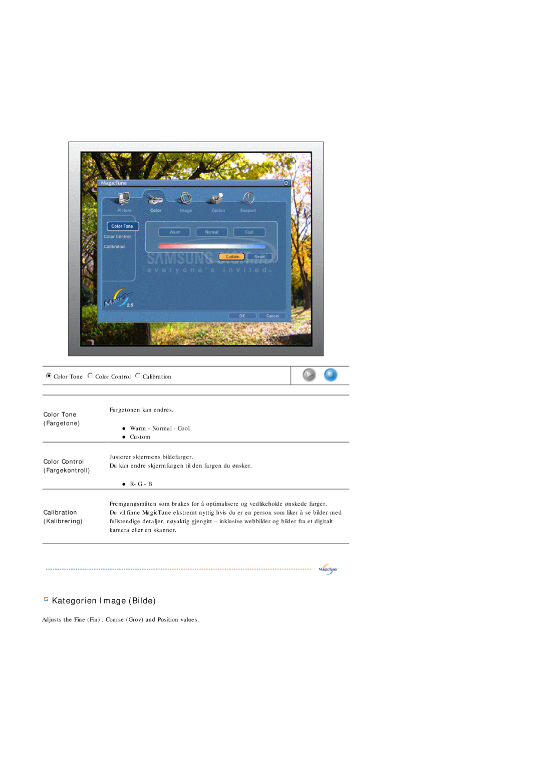 Samsung GS17VSSS/EDC manual Kategorien Image Bilde, Kalibrering 
