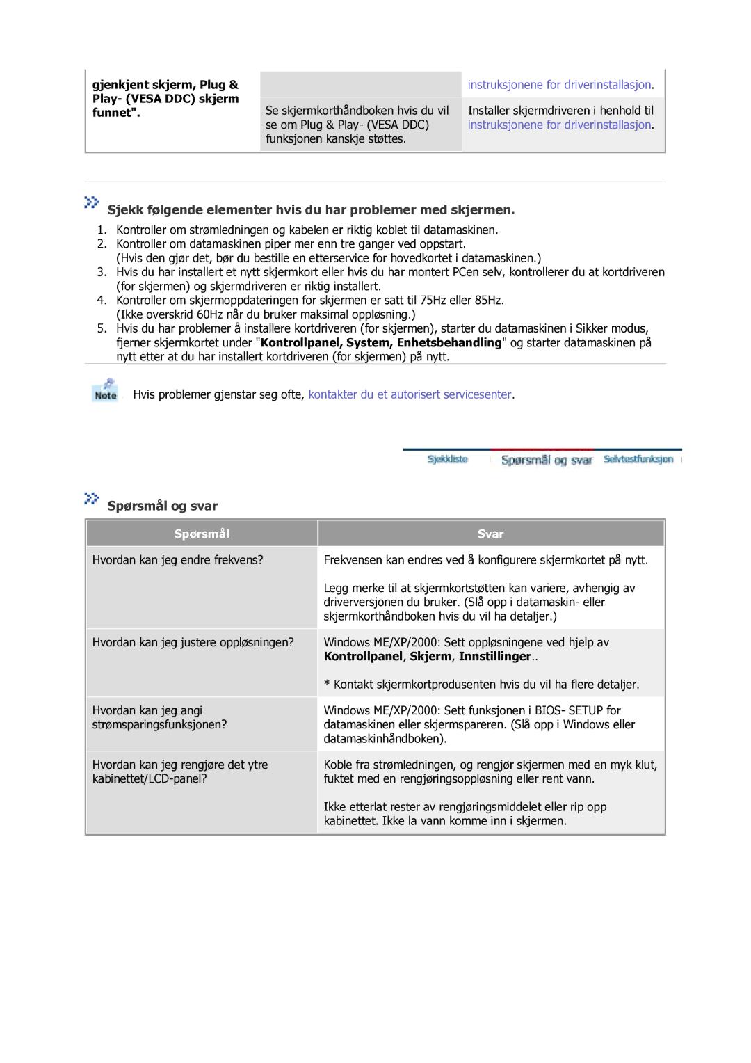 Samsung GS17VSSS/EDC manual Sjekk følgende elementer hvis du har problemer med skjermen, Spørsmål og svar 