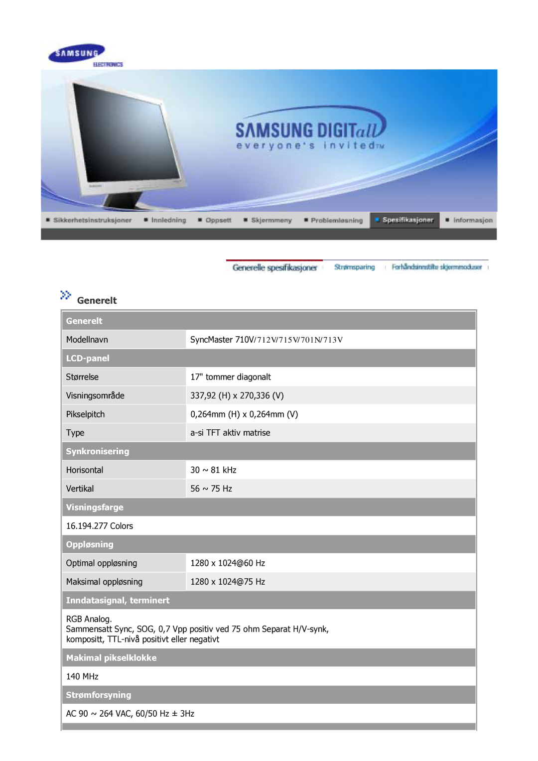 Samsung GS17VSSS/EDC manual Generelt, LCD-panel 