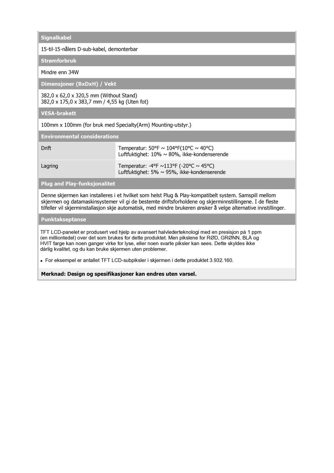 Samsung GS17VSSS/EDC manual Environmental considerations, Merknad Design og spesifikasjoner kan endres uten varsel 