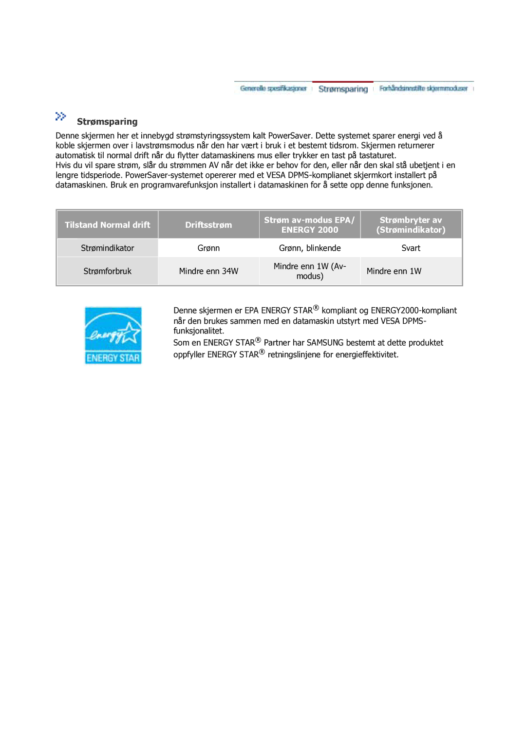 Samsung GS17VSSS/EDC manual Strømsparing, Energy 