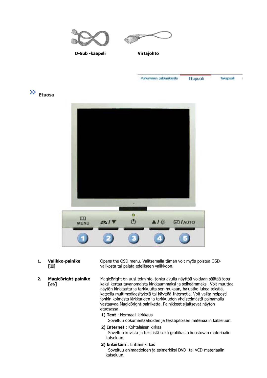 Samsung GS17VSSS/EDC manual Etuosa, Sub -kaapeliVirtajohto 