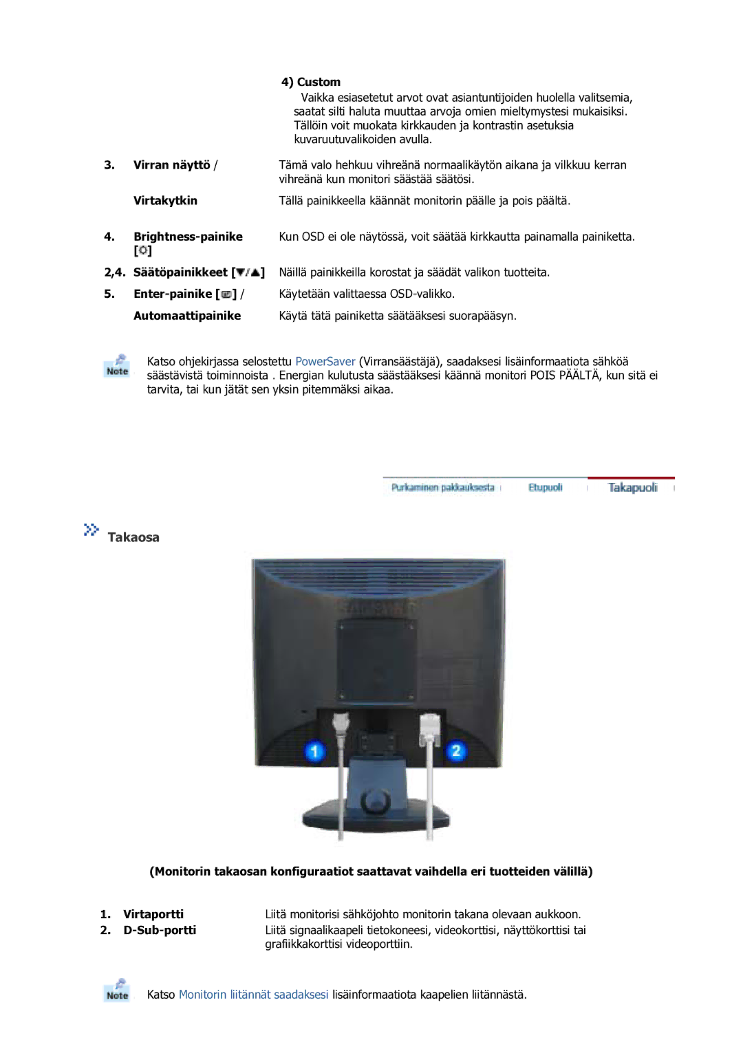 Samsung GS17VSSS/EDC manual Takaosa, Custom, Virran näyttö, Virtakytkin, Sub-portti 